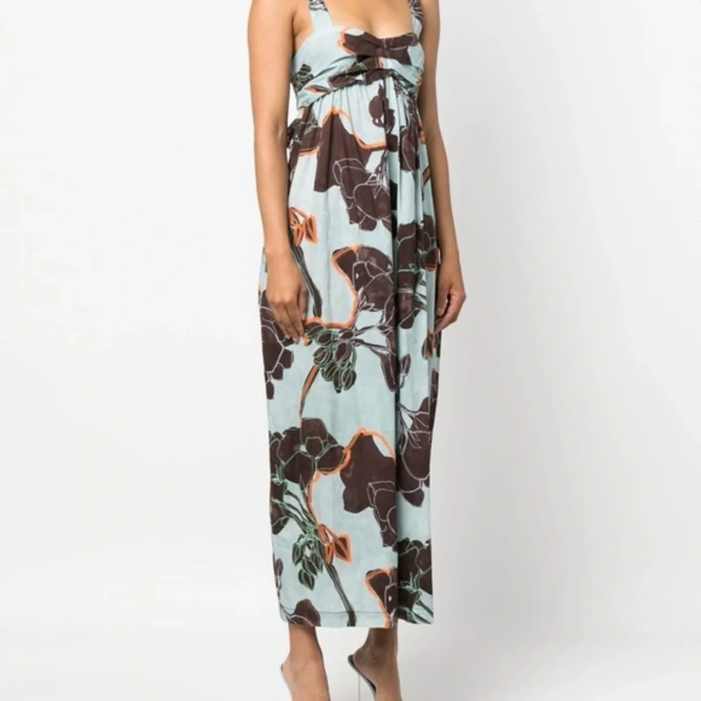 TELA Light Blue Brown Floral Maxi Dress Flowy Aqua Floral Dress XS